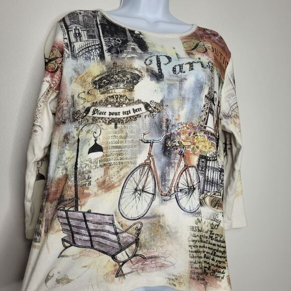 Vintage cyber y2k Paris landscape grunge art to wear 3/4 sleeve top size large - Picture 2 of 9
